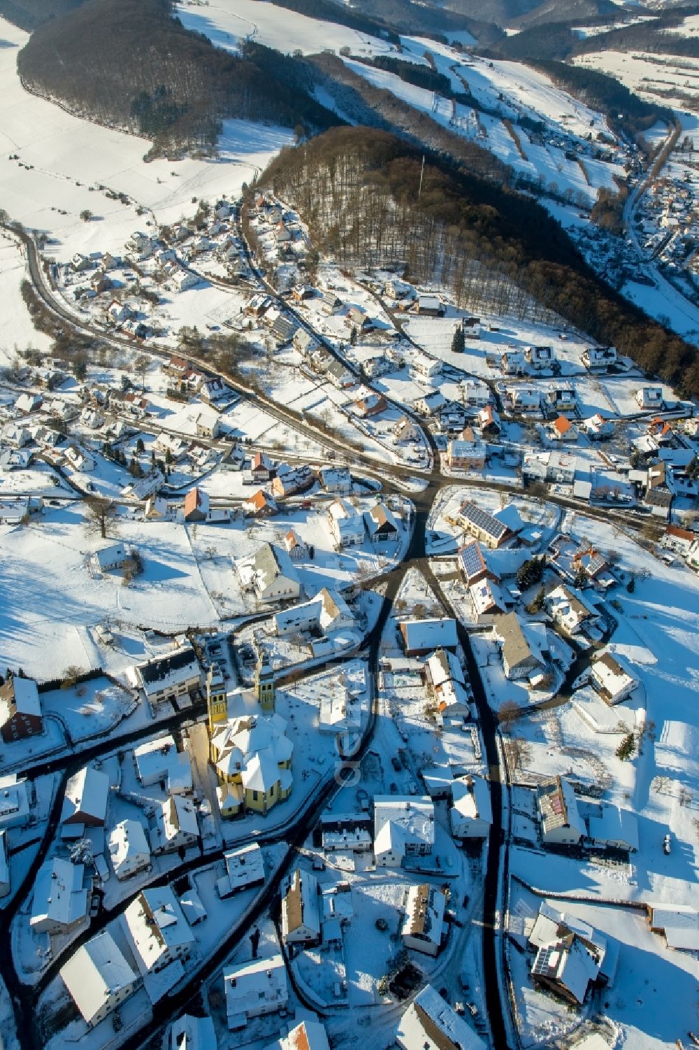 Marsberg from the bird's eye view: Wintry snowy district Padberg in Marsberg in the state North Rhine-Westphalia