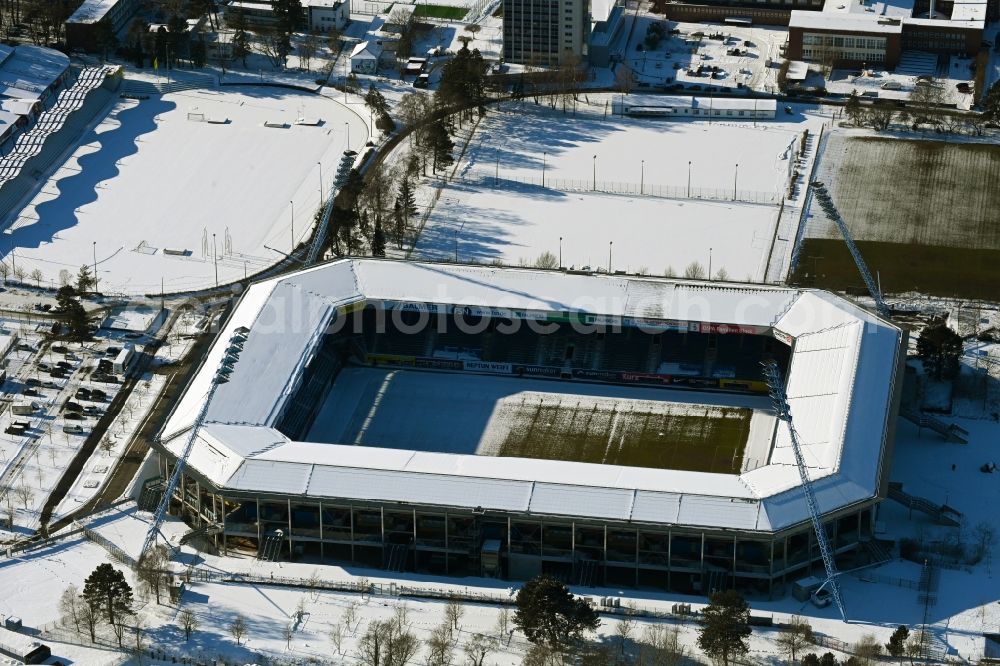 Rostock from above - Wintry snowy sports facility grounds of the Arena stadium Ostseestadion (vormals DKB - Arena) in the district Hansaviertel in Rostock in the state Mecklenburg - Western Pomerania, Germany