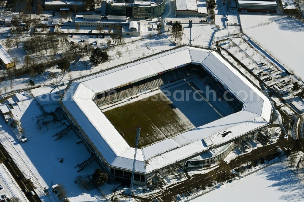 Rostock from the bird's eye view: Wintry snowy sports facility grounds of the Arena stadium Ostseestadion (vormals DKB - Arena) in the district Hansaviertel in Rostock in the state Mecklenburg - Western Pomerania, Germany