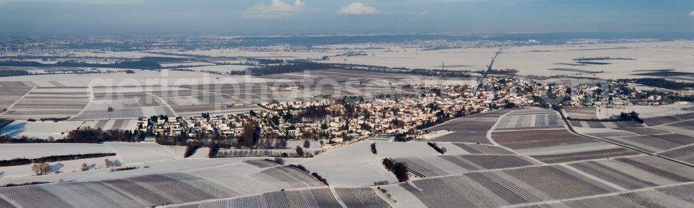 Aerial image Impflingen - Wintry snowy Panoramic perspective Village - view on the edge of agricultural fields and farmland in Impflingen in the state Rhineland-Palatinate, Germany