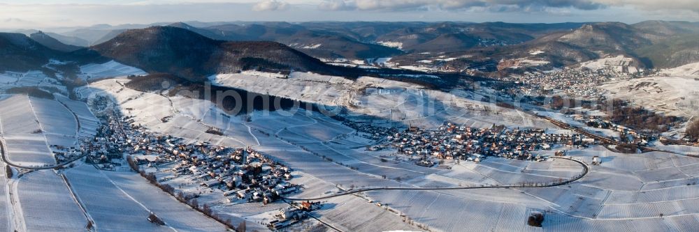 Birkweiler from above - Wintry snowy Panorama from the local area and environment in Birkweiler in the state Rhineland-Palatinate