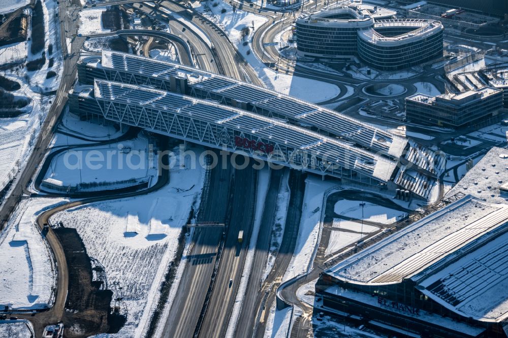 Aerial image Stuttgart - Wintry snowy parking deck on the building of the Bosch car park in Stuttgart in the state Baden-Wuerttemberg