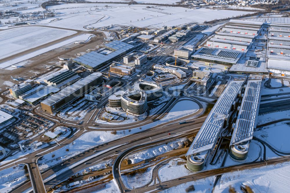 Stuttgart from above - Wintry snowy parking deck on the building of the Bosch car park in Stuttgart in the state Baden-Wuerttemberg