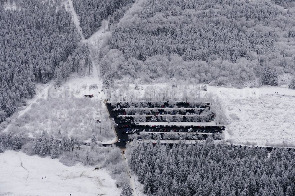 Aerial image Meißner - Wintry snowy parking and storage space for automobiles on Hohen Meissner in Meissner in the state Hesse, Germany