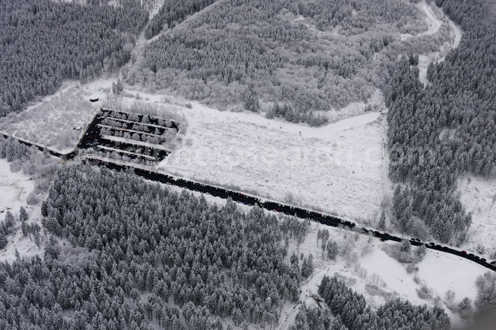 Meißner from the bird's eye view: Wintry snowy parking and storage space for automobiles on Hohen Meissner in Meissner in the state Hesse, Germany