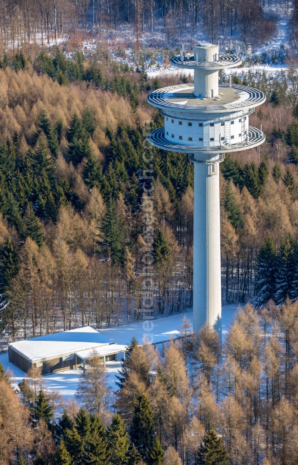 Aerial image Brilon - Wintry snowy radar aerials broadcasting tower and radio mast of the air traffic control distant registration tower mountain Allen in Brilon in the federal state North Rhine-Westphalia