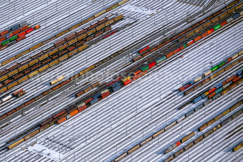 Seevetal from above - Wintry snowy marshalling yard and freight station of the Deutsche Bahn in Maschen in the state Lower Saxony, Germany