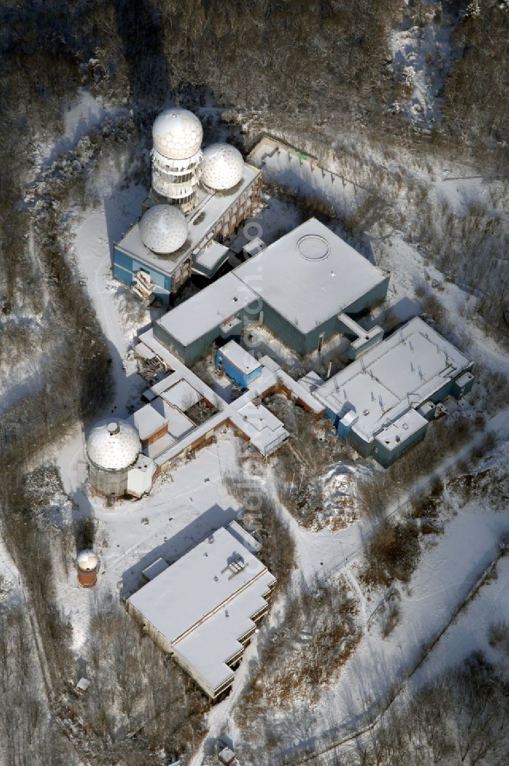 Berlin from above - Wintry snowy ruins of the former American military interception and radar system on the Teufelsberg in Berlin - Charlottenburg