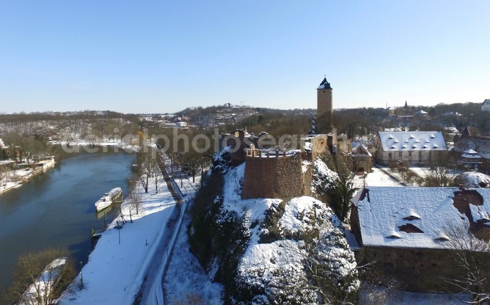 Halle (Saale) from above - Wintry snowy Ruins and vestiges of the former castle and fortress Burg Giebichenstein in Halle (Saale) in the winter with snow in the state Saxony-Anhalt, Germany