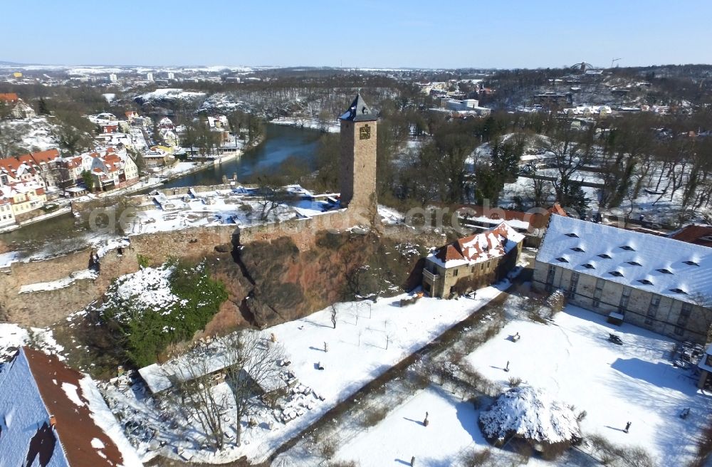 Halle (Saale) from above - Wintry snowy Ruins and vestiges of the former castle and fortress Burg Giebichenstein in Halle (Saale) in the winter with snow in the state Saxony-Anhalt, Germany