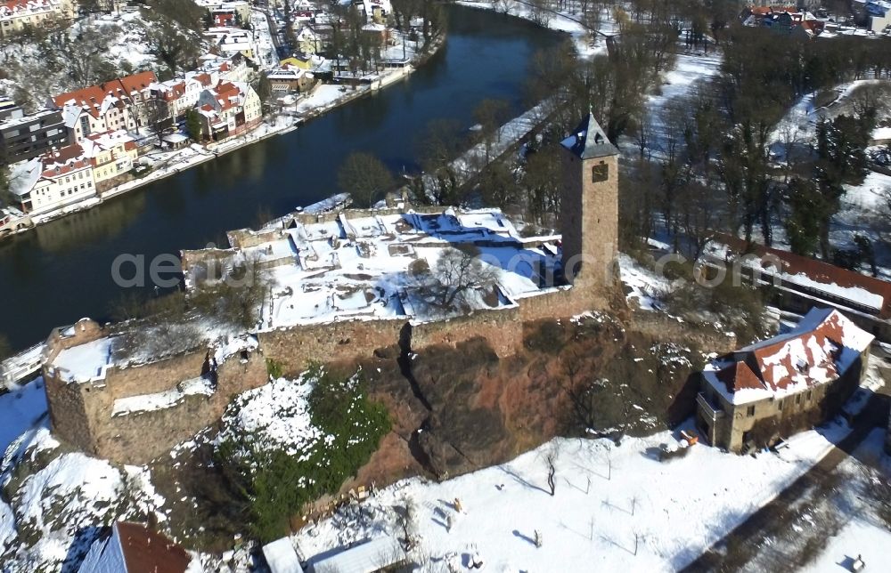 Halle (Saale) from above - Wintry snowy Ruins and vestiges of the former castle and fortress Burg Giebichenstein in Halle (Saale) in the winter with snow in the state Saxony-Anhalt, Germany