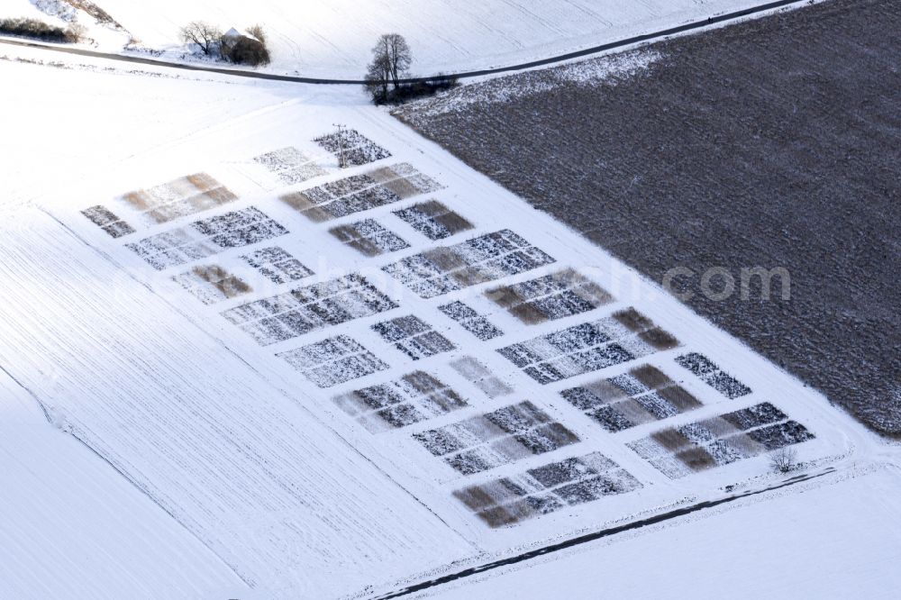 Aerial image Pfreimd - Wintry snowy structures on agricultural test fields and test series in Pfreimd in the state Bavaria, Germany