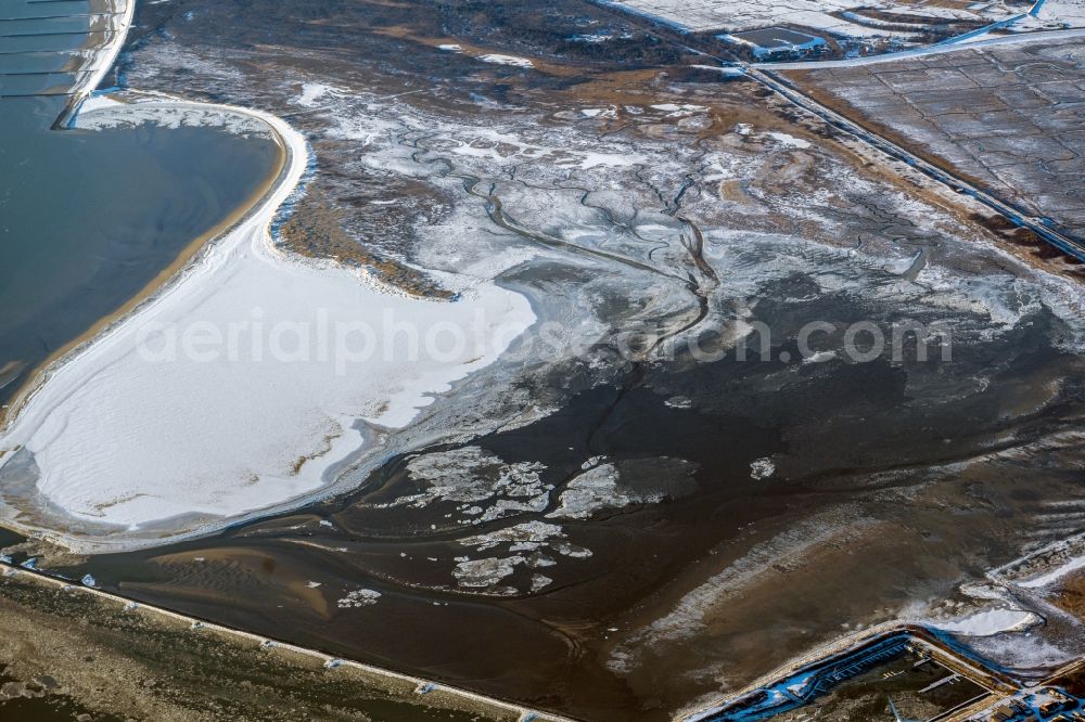 Borkum from above - Wintry snowy beach landscape along the of North Sea in Borkum in the state Lower Saxony, Germany