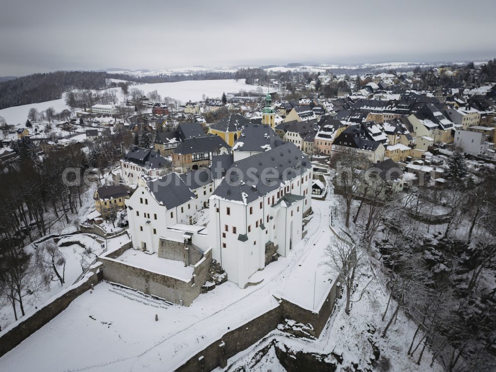 Aerial image Wolkenstein - Wintry snowy wolkenstein Castle in Wolkenstein in the state of Saxony, Germany