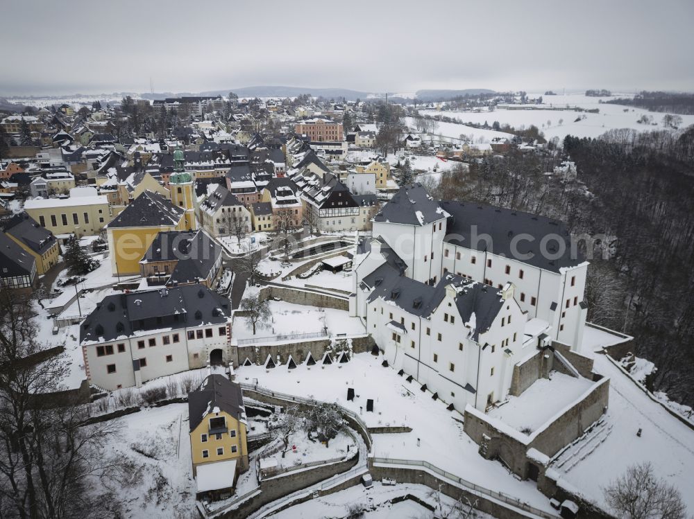 Aerial photograph Wolkenstein - Wintry snowy wolkenstein Castle in Wolkenstein in the state of Saxony, Germany