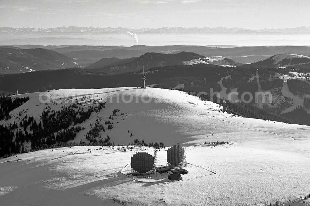 Feldberg (Schwarzwald) from above - Wintry snowy crest of the mountain range Feldberg with the ACE-High NATO Troposcatter link station AFEZ ( Allied Command Europe ) in Feldberg (Schwarzwald) in the state Baden-Wurttemberg, Germany. The antennas were rebuildt in 1998