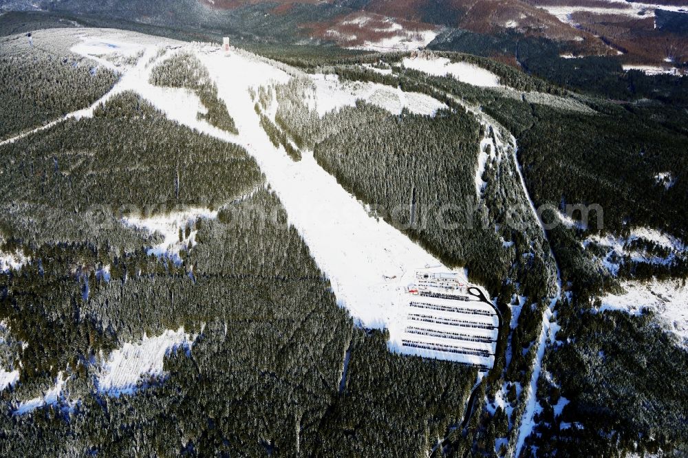 Braunlage from above - Wintry snowy Ski Area Wurmberg in Braunlage in the state Lower Saxony, Germany