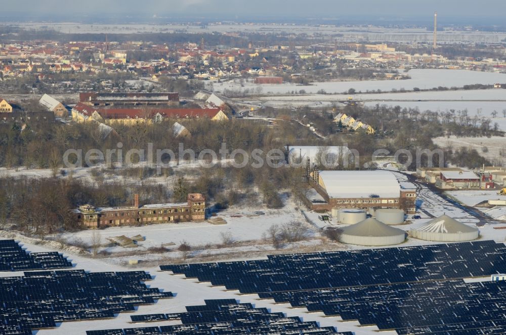 Köthen from above - Wintry snowy solar park on the airfield Koethen in Saxony-Anhalt