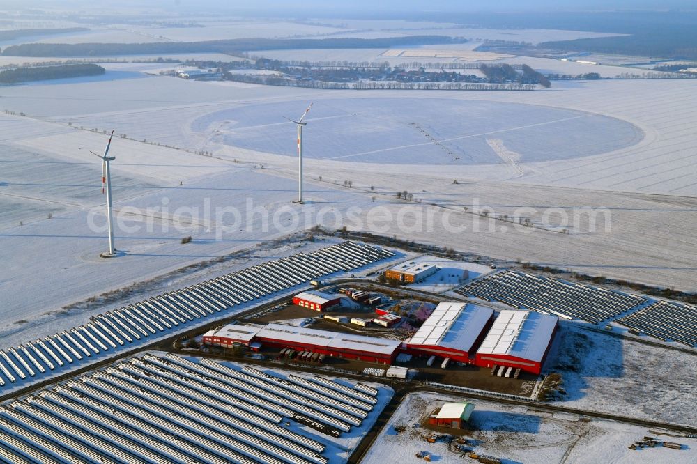 Aerial photograph Lübesse - Wintry snowy freight forwarding building a logistics and transport company Transporte & Logistik Theurer on Gewerbering in Luebesse in the state Mecklenburg - Western Pomerania, Germany