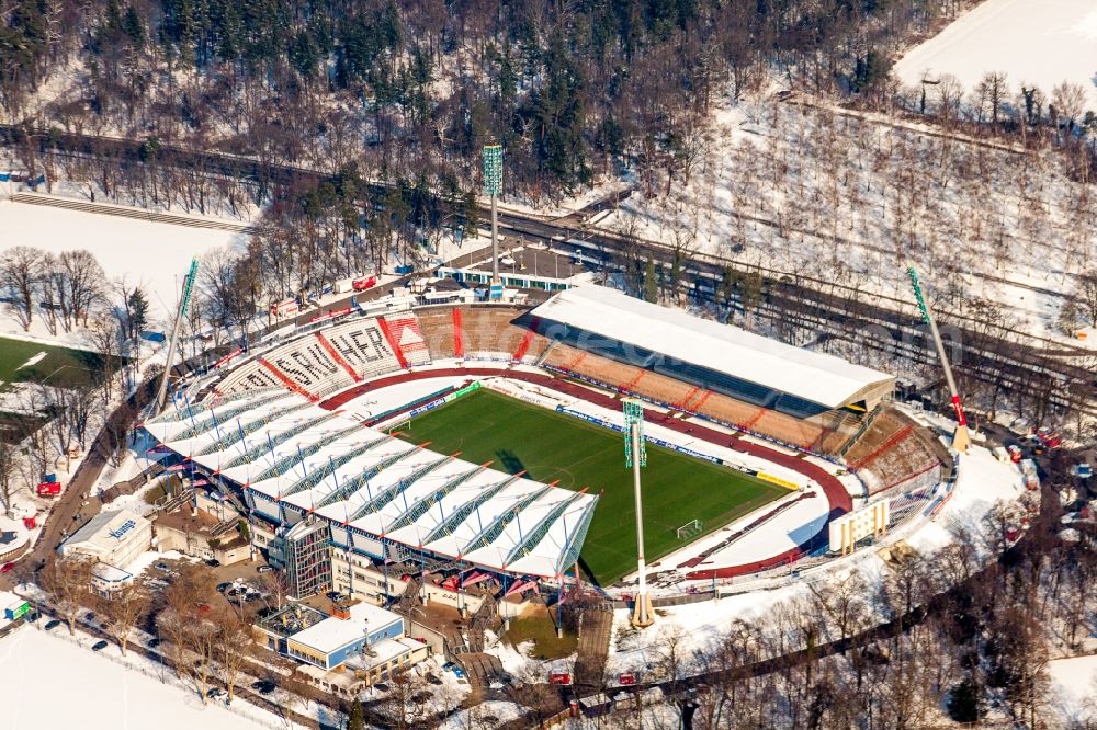 Karlsruhe from above - Wintry snowy Sports facility grounds of the Arena stadium Wildparkstadion of the KSC in Karlsruhe in the state Baden-Wuerttemberg, Germany