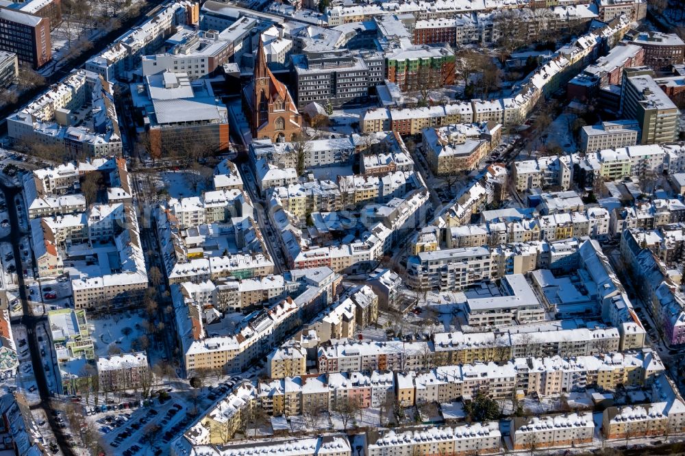 Dortmund from the bird's eye view: Wintry snowy cityscape of the district along the Wilhelmstrasse in the district Westpark in Dortmund at Ruhrgebiet in the state North Rhine-Westphalia, Germany