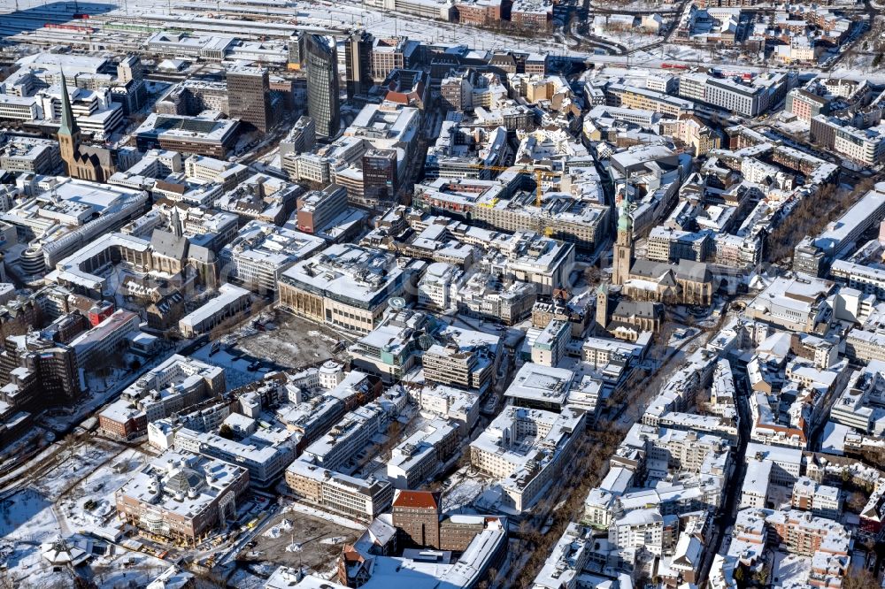 Aerial photograph Dortmund - Wintry snowy city view on down town in Bereich of Kleppingstrasse in Dortmund at Ruhrgebiet in the state North Rhine-Westphalia, Germany