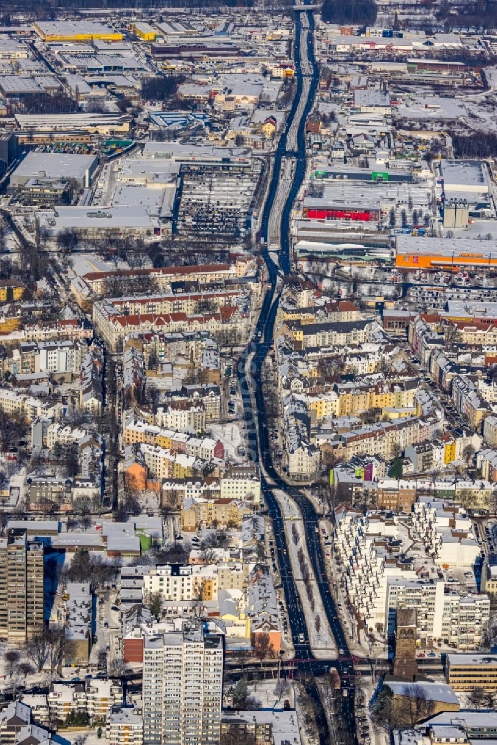 Dortmund from above - Wintry snowy city view on down town along the Bornstrasse in Dortmund at Ruhrgebiet in the state North Rhine-Westphalia, Germany