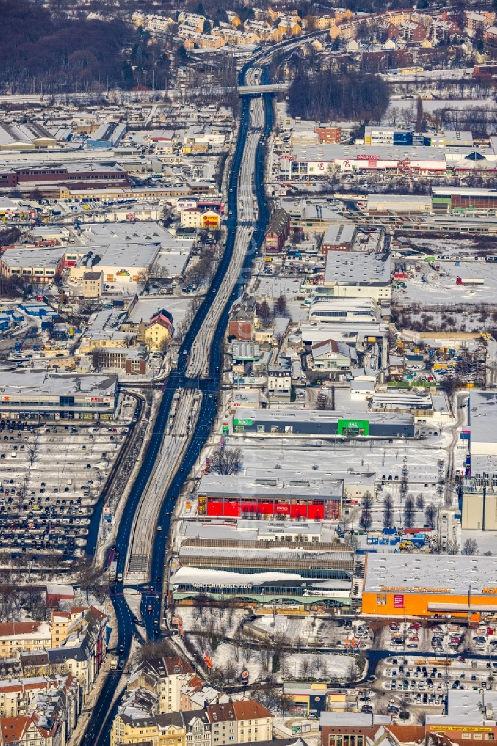 Aerial image Dortmund - Wintry snowy city view on down town along the Bornstrasse in Dortmund at Ruhrgebiet in the state North Rhine-Westphalia, Germany