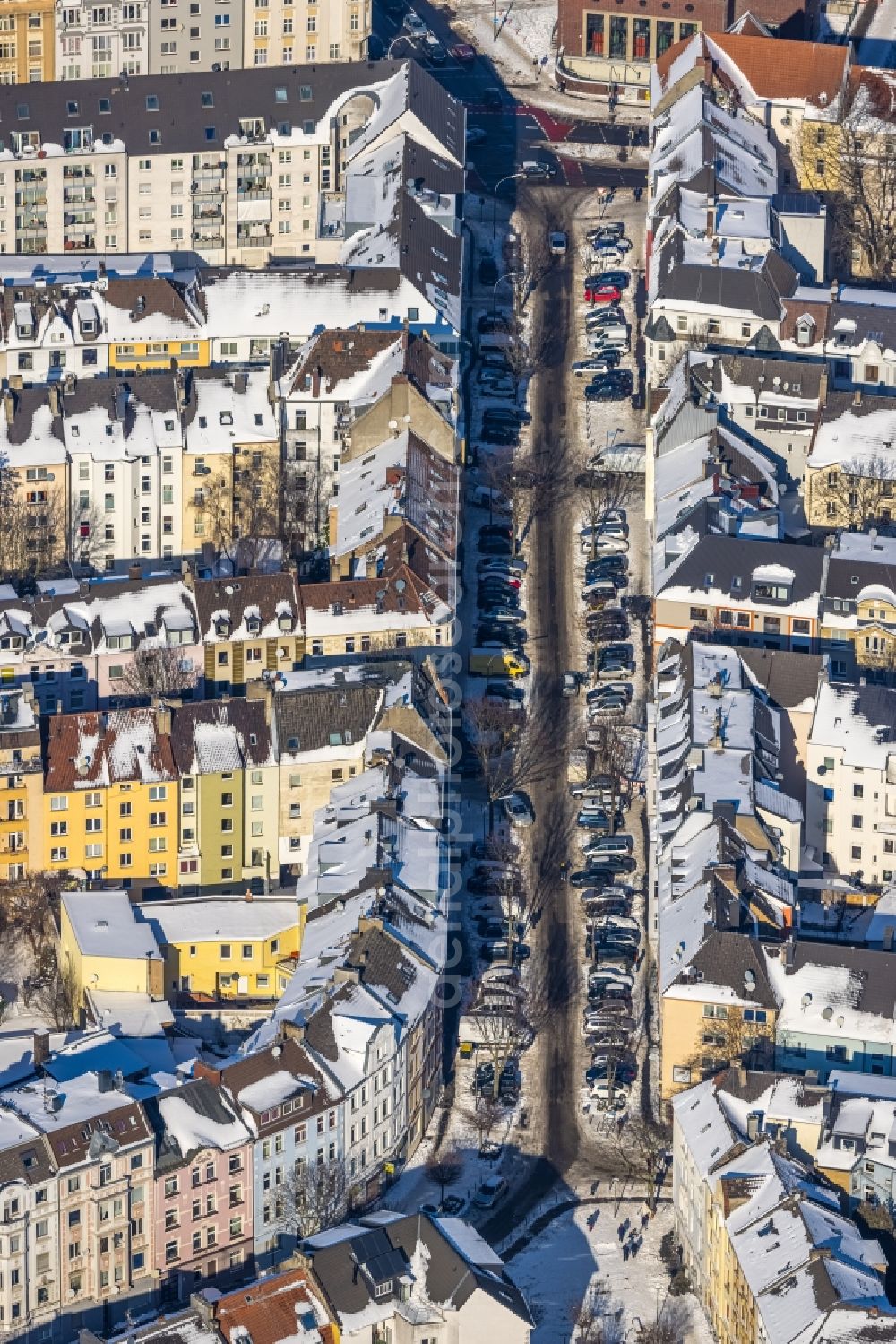 Dortmund from above - Wintry snowy city view on down town along the Brunnenstrasse in Dortmund at Ruhrgebiet in the state North Rhine-Westphalia, Germany