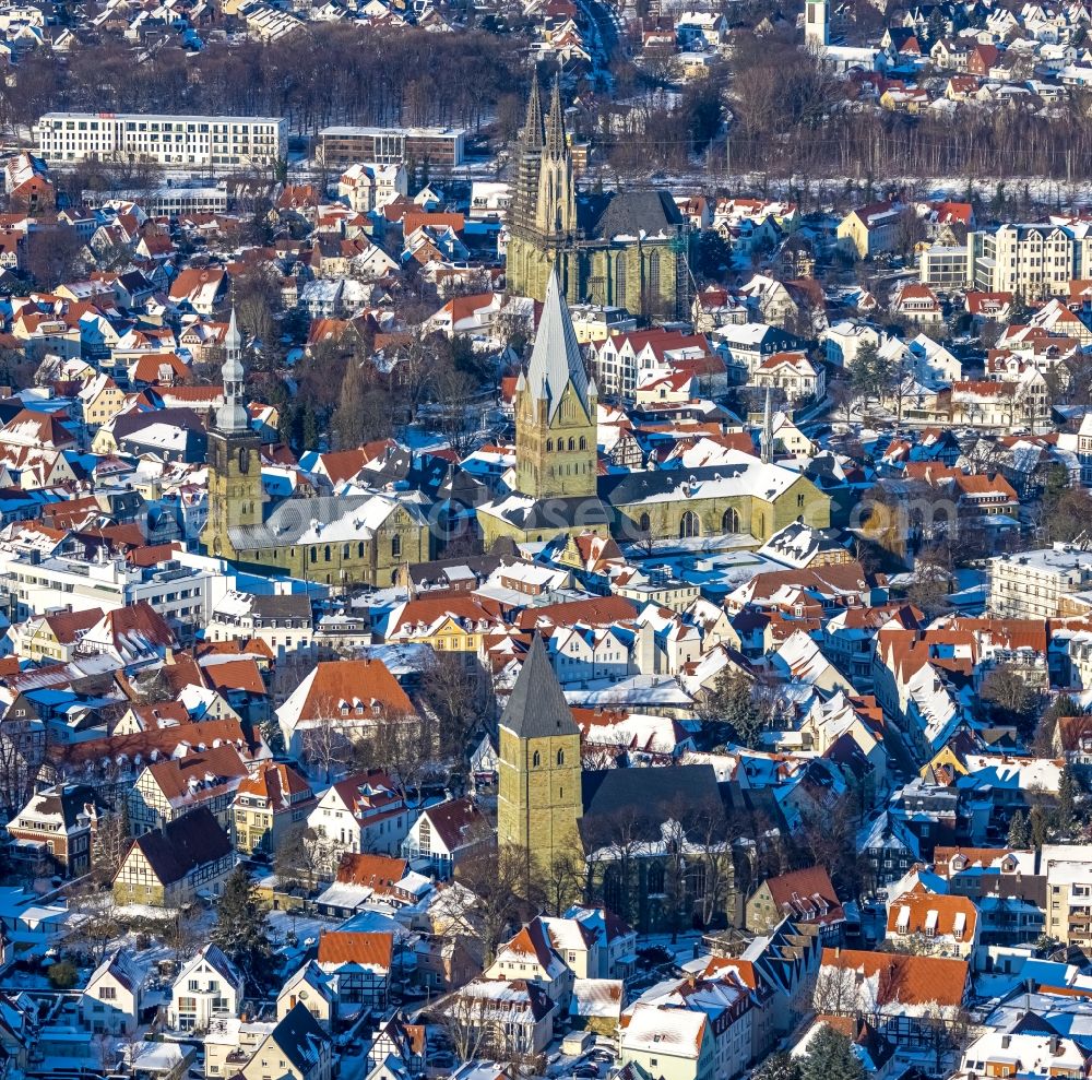 Soest from above - Winter snow-covered city view of the inner city area with churches in Soest in the state North Rhine-Westphalia, Germany