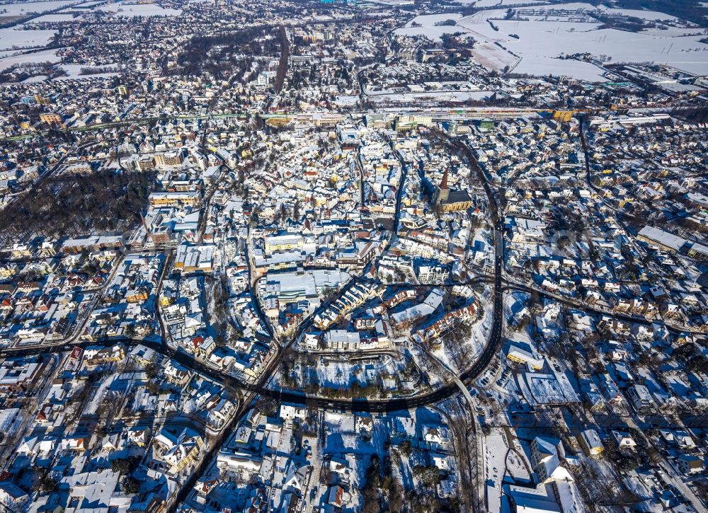 Aerial photograph Unna - Wintry snowy city view of the city area of in Unna in the state North Rhine-Westphalia, Germany