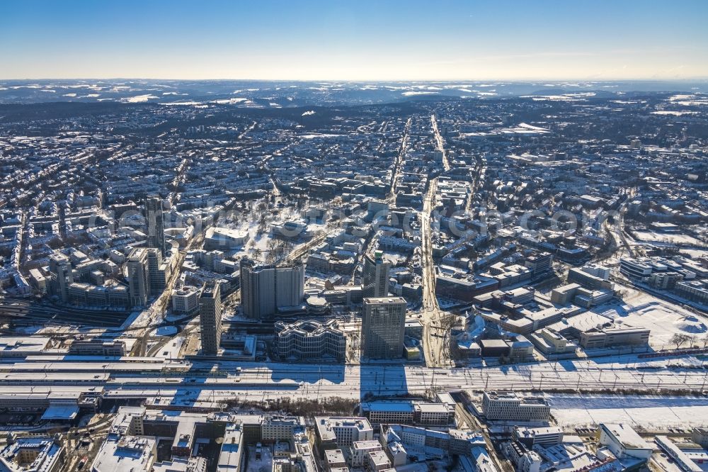 Essen from above - Wintry snowy cityscape of the district Suedviertel along Bismarckstrasse in the district Suedviertel in Essen at Ruhrgebiet in the state North Rhine-Westphalia, Germany