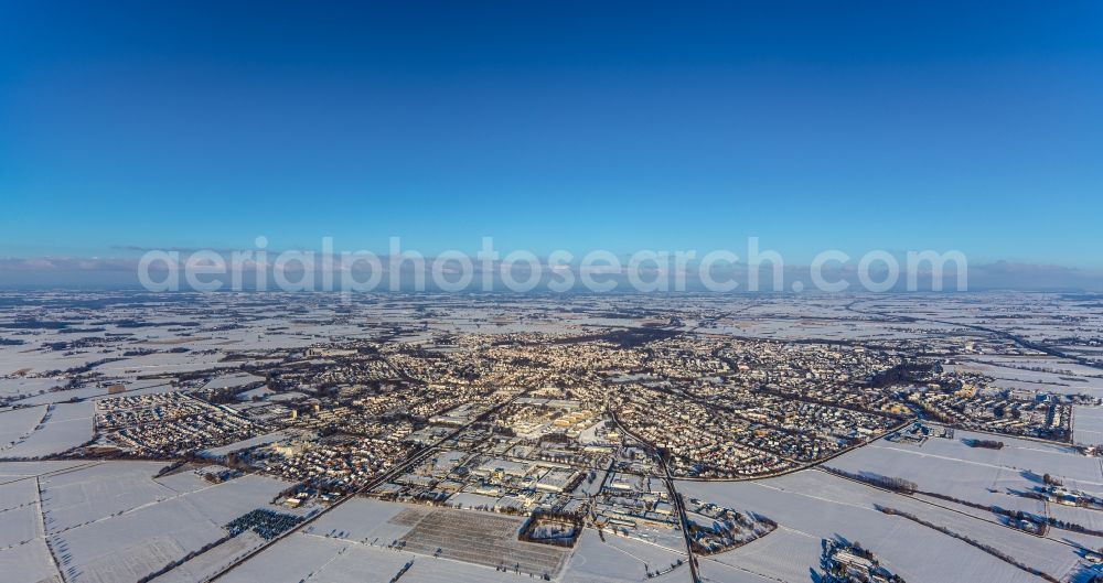 Soest from above - Wintry snowy city area with outside districts and inner city area in Soest in the state North Rhine-Westphalia, Germany