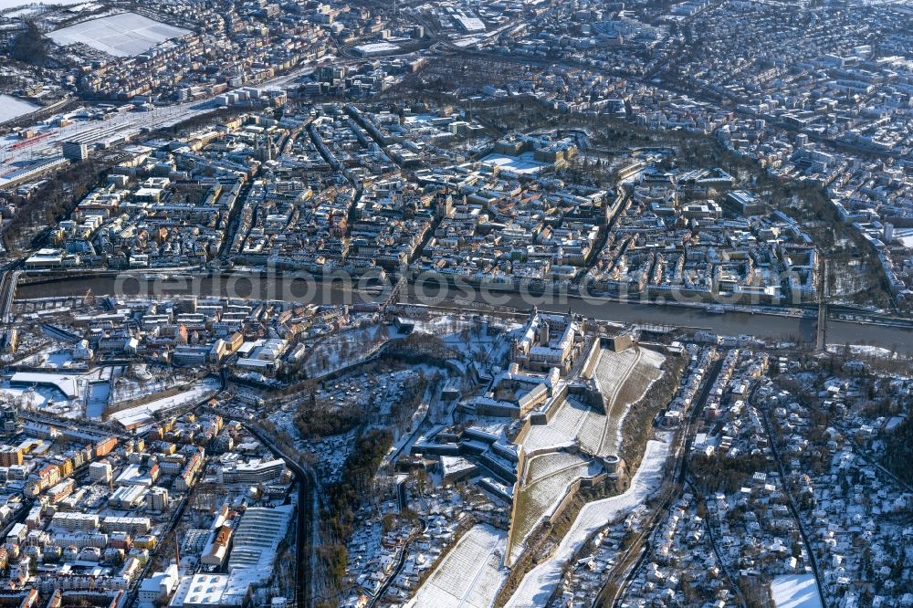 Würzburg from the bird's eye view: Wintry snow-covered city center in the downtown area with Festung Marienberg in Wuerzburg in the state Bavaria, Germany