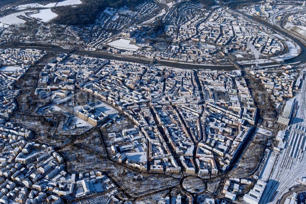 Würzburg from the bird's eye view: Wintry snow-covered city center in the downtown area with Festung Marienberg in Wuerzburg in the state Bavaria, Germany
