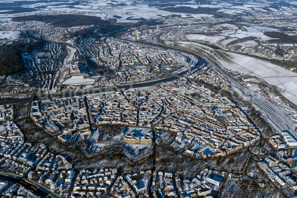 Aerial image Würzburg - Wintry snow-covered city center in the downtown area with Festung Marienberg in Wuerzburg in the state Bavaria, Germany