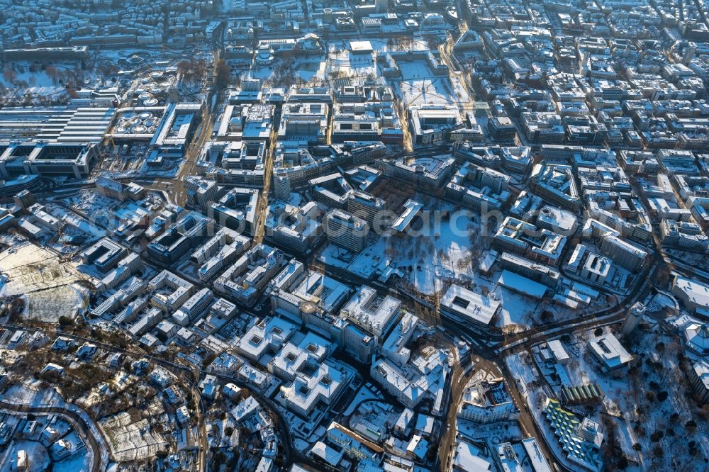 Stuttgart from the bird's eye view: Wintry snow-covered city center in the downtown area in the district Stuttgart-Mitte in Stuttgart in the state Baden-Wurttemberg, Germany