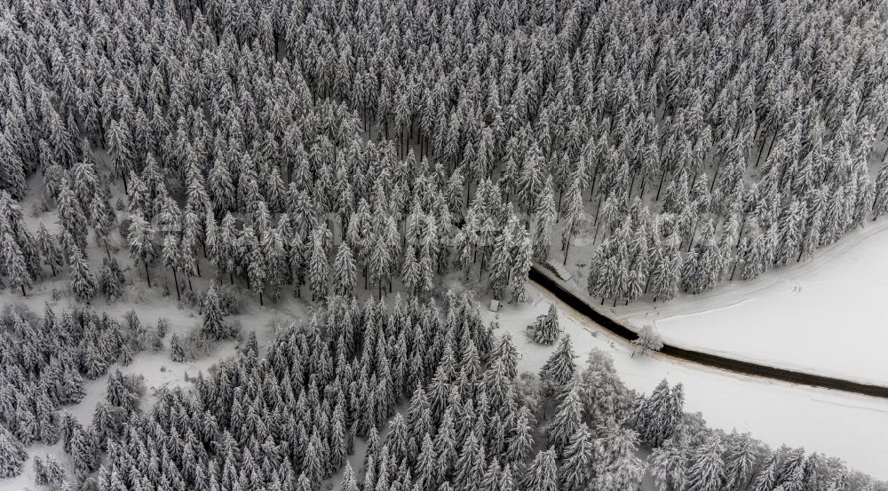 Aerial image Winterberg - Wintry snowy street - road guidance Rothaarsteig in Winterberg at Sauerland in the state North Rhine-Westphalia, Germany