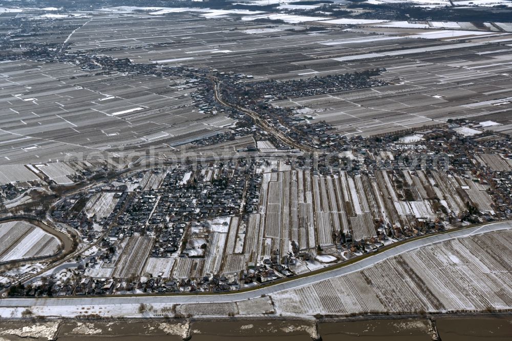 Grünendeich from above - Wintry snowy structures on agricultural fields in Gruenendeich in the state Lower Saxony, Germany