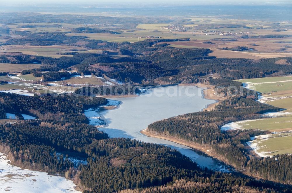 Krystofovy Hamry from above - Wintry snowy dam and shore areas at the lake Pressnitz in Krystofovy Hamry in Ustecky kraj - Aussiger Region, Czech Republic