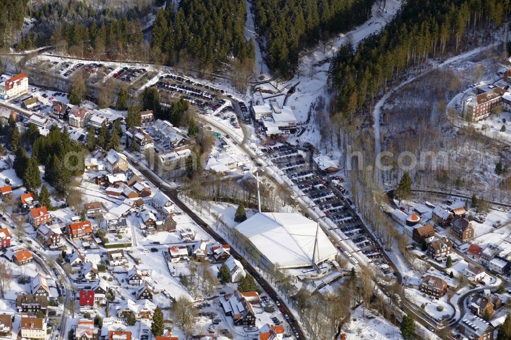 Aerial image Braunlage - Wintry snowy funicular Wurmberg in Braunlage in the state Lower Saxony, Germany