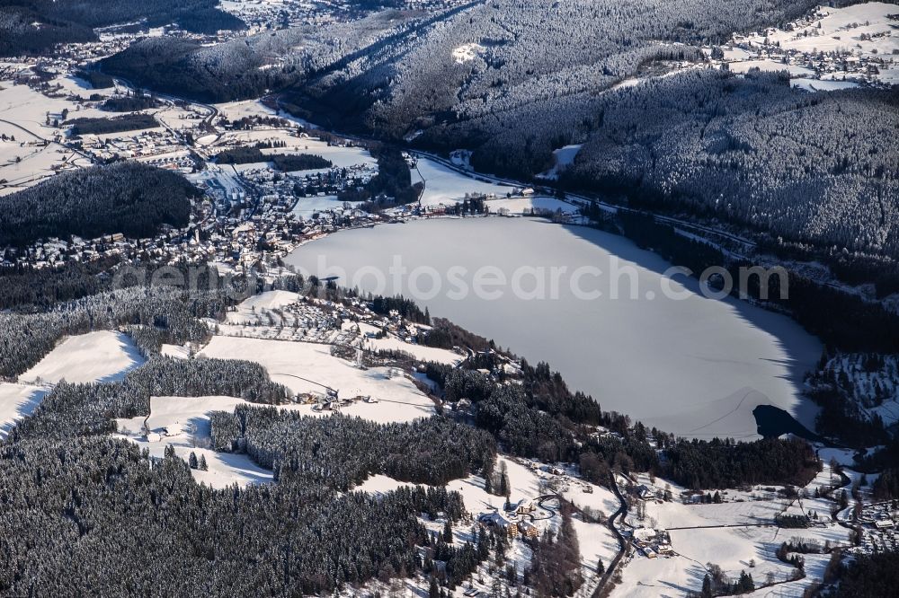 Aerial image Titisee-Neustadt - Wintry snowy Titisee in the state of Baden-Wuerttemberg is a popular destination in the Black Forest