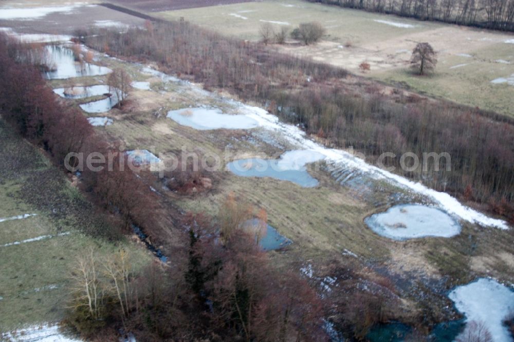 Aerial photograph Minfeld - Wintry snowy Ponds and Morast- water surface in a pond landscape in Minfeld in the state Rhineland-Palatinate