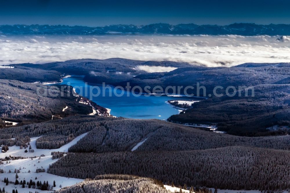 Schluchsee from above - Wintry snowy Shores of Schluchsee in Baden-Wuerttemberg