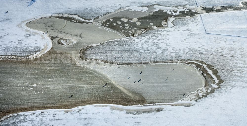 Duisburg from the bird's eye view: Wintry snowy riparian zones on the course of the river in the district Muendelheim in Duisburg in the state North Rhine-Westphalia, Germany