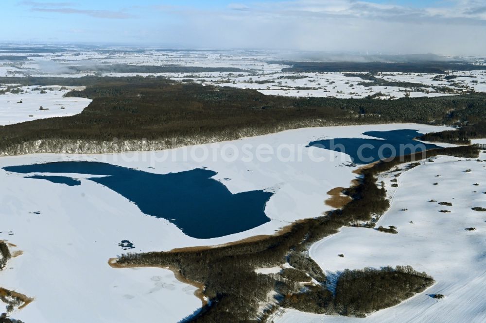 Feldberg from above - Wintry snowy riparian areas on the lake area of Breiter Luzin in Feldberg in the state Mecklenburg - Western Pomerania, Germany