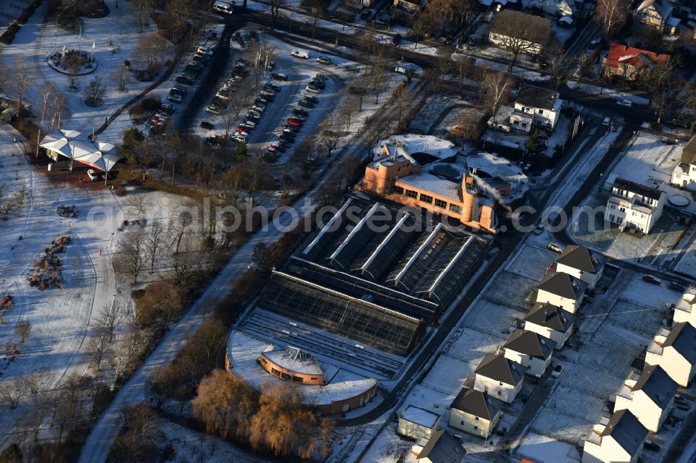 Aerial image Berlin - Wintry snowy administrative building of the State Authority Pflanzenschutzamt on street Mohriner Allee in Berlin, Germany