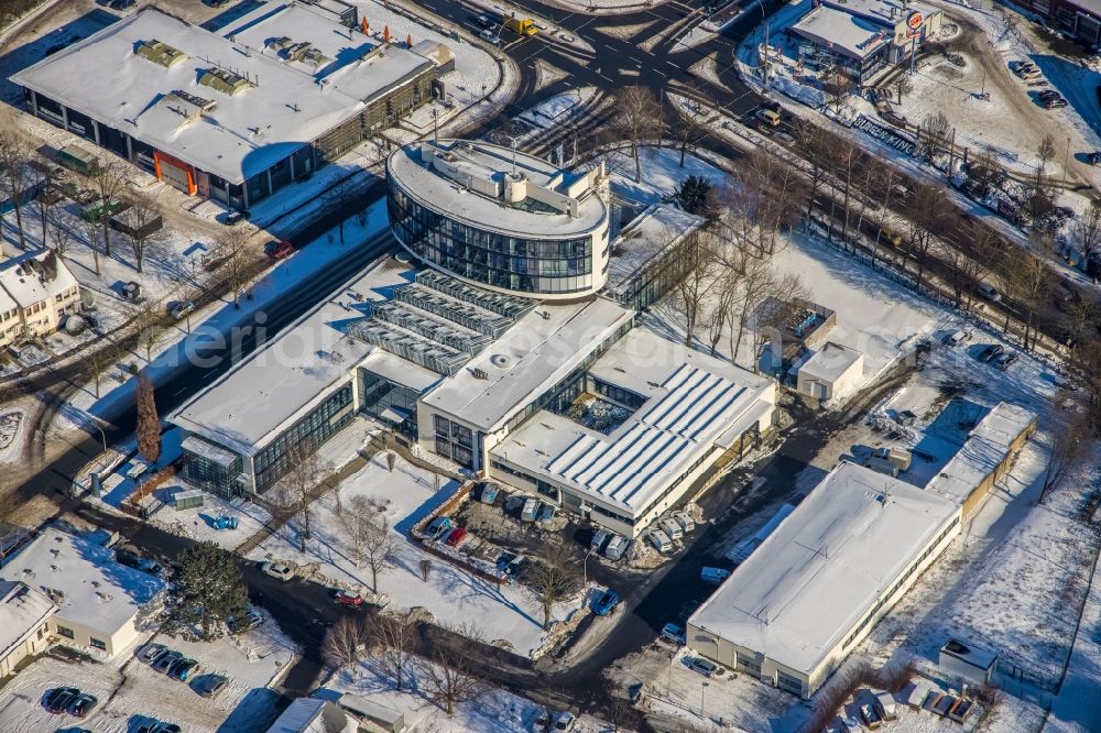 Aerial image Witten - Wintry snowy administration building of the company Stadtwerke Witten GmbH on Westfalenstrasse in Witten in the state North Rhine-Westphalia, Germany