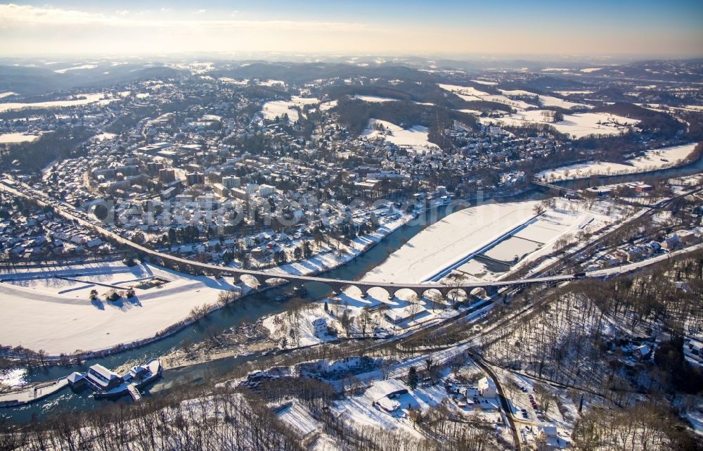 Aerial image Witten - Wintry snowy viaduct of the railway bridge structure to route the railway tracks in the district Bommern in Witten at Ruhrgebiet in the state North Rhine-Westphalia, Germany