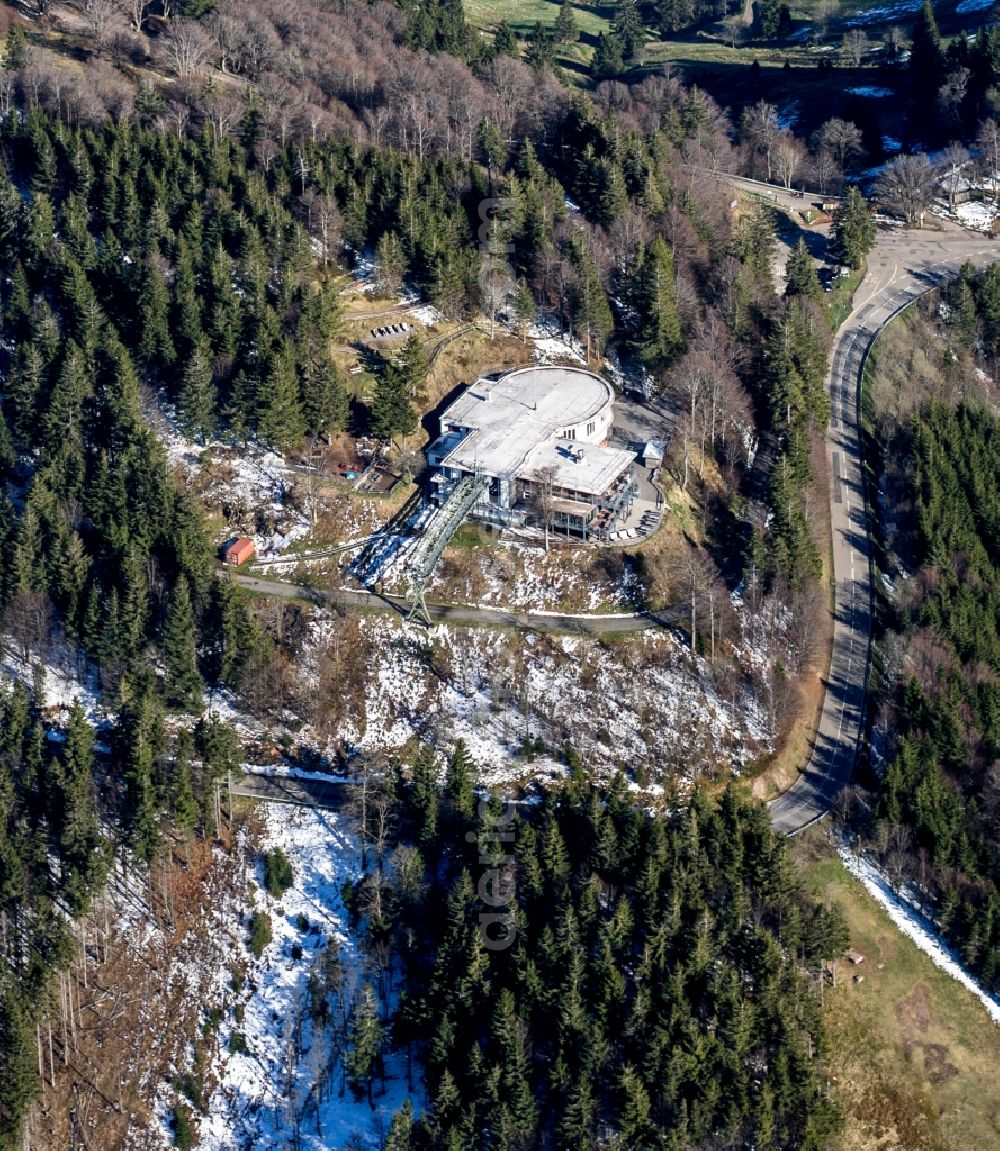 Freiburg im Breisgau from above - Wintry snowy Forest and mountain scenery of mountain station Schainslandbahn in Freiburg im Breisgau in the state Baden-Wuerttemberg